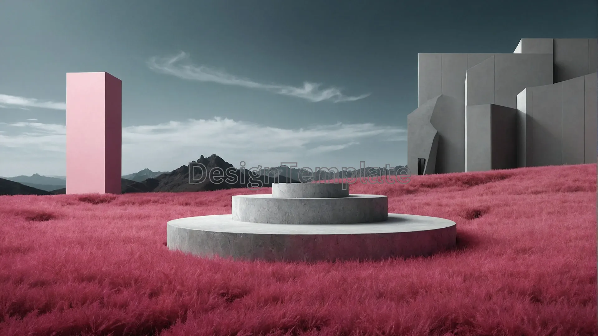 Pink Podium in Red Grass Background Photo